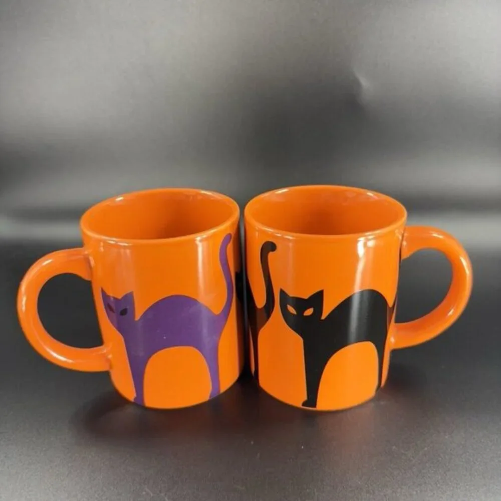 Crate & Barrel Orange Coffee Mug Cup Purple Black Halloween Cats Ceramic Set‎ 2